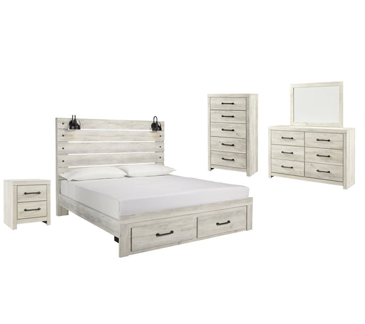 Cambeck King Panel Bed with 2 Storage Drawers with Mirrored Dresser, Chest and Nightstand in Whitewash - PKG003047