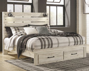 Cambeck King Panel Bed with 2 Storage Drawers with Mirrored Dresser in Whitewash - PKG003044