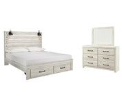 Cambeck King Panel Bed with 2 Storage Drawers with Mirrored Dresser in Whitewash - PKG003044