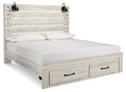 Cambeck King Panel Bed with 2 Storage Drawers with Mirrored Dresser in Whitewash - PKG003044