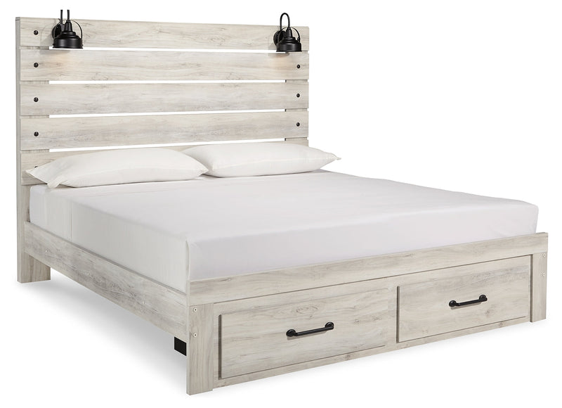 Cambeck King Panel Bed with 2 Storage Drawers with Mirrored Dresser in Whitewash - PKG003044