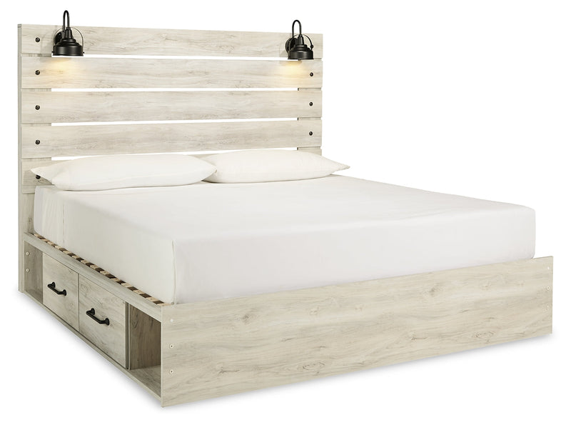 Cambeck King Panel Bed with 4 Storage Drawers with Mirrored Dresser, Chest and Nightstand in Whitewash - PKG003029