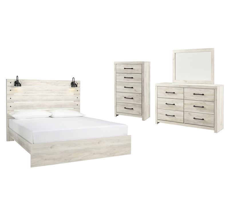 Cambeck King Panel Bed with Mirrored Dresser and Chest in Whitewash - PKG003034
