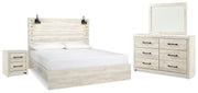 Cambeck King Panel Bed with Mirrored Dresser and Nightstand in Whitewash - PKG014109
