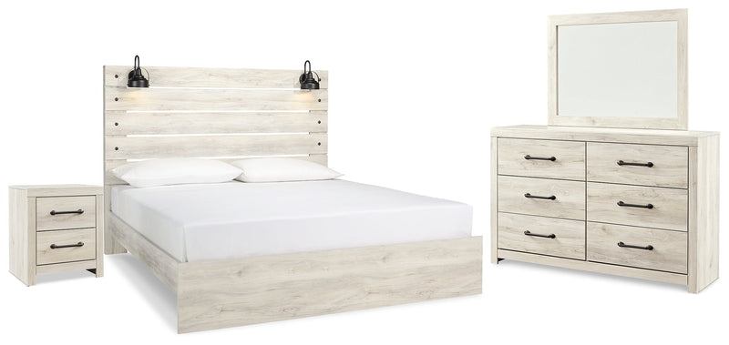 Cambeck King Panel Bed with Mirrored Dresser and Nightstand in Whitewash - PKG014109