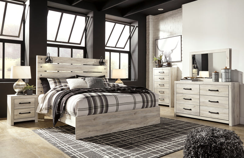 Cambeck King Panel Bed with Mirrored Dresser, Chest and 2 Nightstands in Whitewash - PKG003036