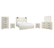 Cambeck King Panel Bed with Mirrored Dresser, Chest and 2 Nightstands in Whitewash - PKG003036