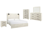 Cambeck King Panel Bed with Mirrored Dresser, Chest and Nightstand in Whitewash - PKG003035