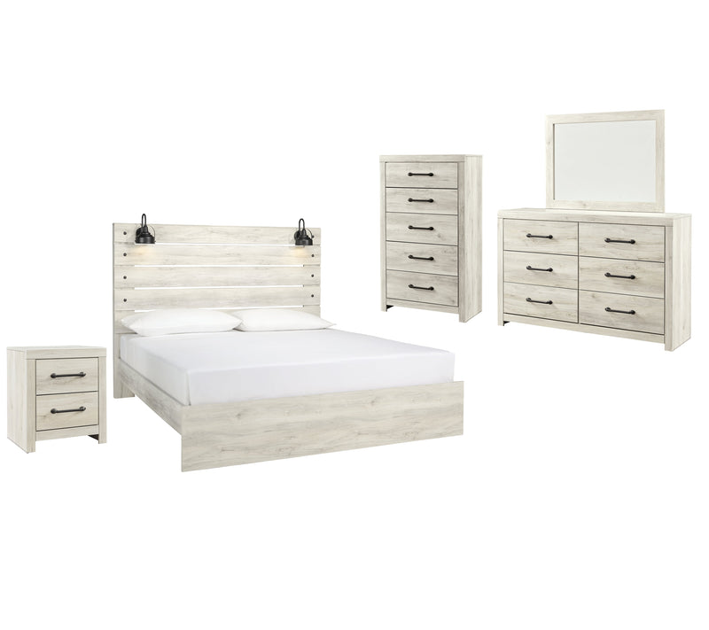 Cambeck King Panel Bed with Mirrored Dresser, Chest and Nightstand in Whitewash - PKG003035