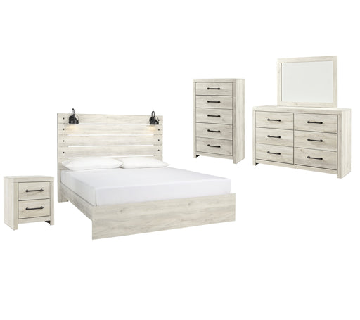 Cambeck King Panel Bed with Mirrored Dresser, Chest and Nightstand in Whitewash - PKG003035