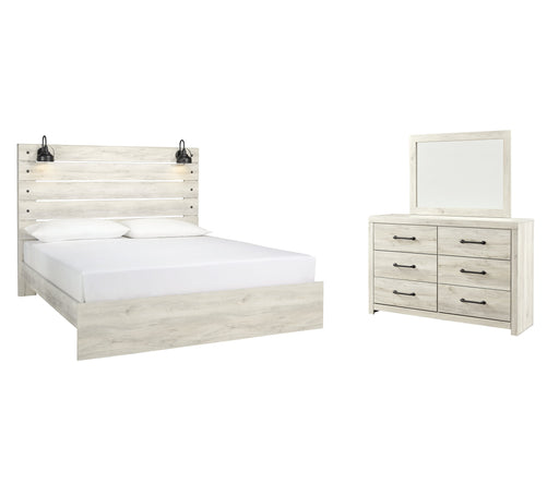 Cambeck King Panel Bed with Mirrored Dresser in Whitewash - PKG003032