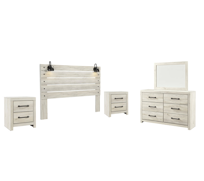 Cambeck King Panel Headboard Bed with Mirrored Dresser and 2 Nightstands in Whitewash - PKG002969