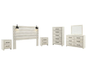 Cambeck King Panel Headboard Bed with Mirrored Dresser, Chest and 2 Nightstands in Whitewash - PKG002972