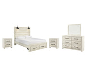 Cambeck Queen Panel Bed with 2 Storage Drawers with Mirrored Dresser and 2 Nightstands in Whitewash - PKG003094