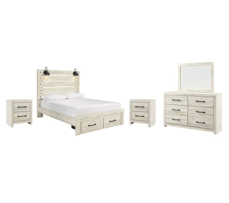 Cambeck Queen Panel Bed with 2 Storage Drawers with Mirrored Dresser and 2 Nightstands in Whitewash - PKG003094