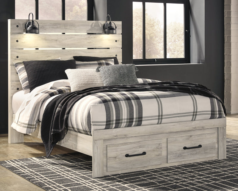 Cambeck Queen Panel Bed with 2 Storage Drawers with Mirrored Dresser and Chest in Whitewash - PKG003095