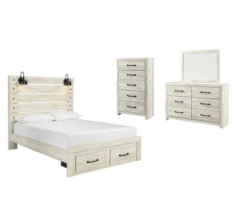 Cambeck Queen Panel Bed with 2 Storage Drawers with Mirrored Dresser and Chest in Whitewash - PKG003095