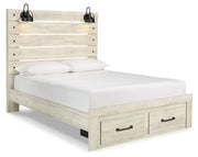 Cambeck Queen Panel Bed with 2 Storage Drawers with Mirrored Dresser and Chest in Whitewash - PKG003095