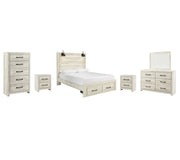 Cambeck Queen Panel Bed with 2 Storage Drawers with Mirrored Dresser, Chest and 2 Nightstands in Whitewash - PKG003097