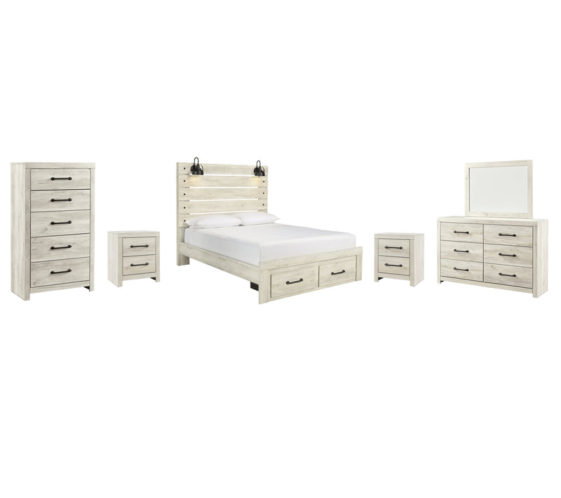 Cambeck Queen Panel Bed with 2 Storage Drawers with Mirrored Dresser, Chest and 2 Nightstands in Whitewash - PKG003097