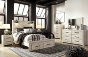 Cambeck Queen Panel Bed with 2 Storage Drawers with Mirrored Dresser, Chest and Nightstand in Whitewash - PKG003096