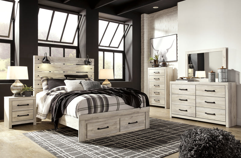 Cambeck Queen Panel Bed with 2 Storage Drawers with Mirrored Dresser, Chest and Nightstand in Whitewash - PKG003096
