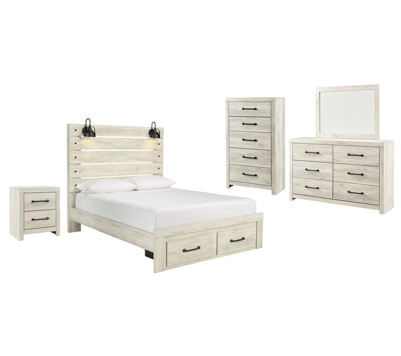 Cambeck Queen Panel Bed with 2 Storage Drawers with Mirrored Dresser, Chest and Nightstand in Whitewash - PKG003096