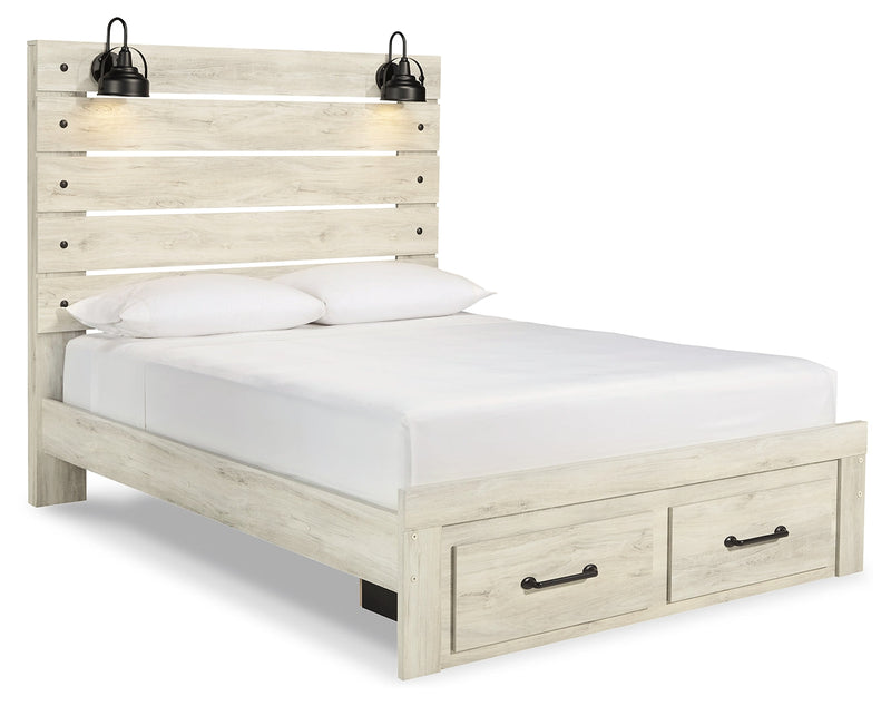 Cambeck Queen Panel Bed with 2 Storage Drawers with Mirrored Dresser, Chest and Nightstand in Whitewash - PKG003096