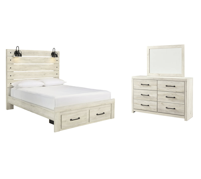 Cambeck Queen Panel Bed with 2 Storage Drawers with Mirrored Dresser in Whitewash - PKG003093