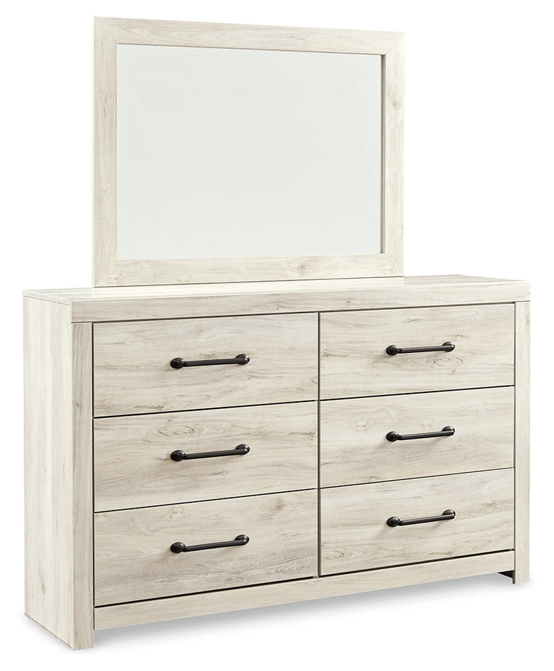 Cambeck Queen Panel Bed with 4 Storage Drawers with Mirrored Dresser in Whitewash - PKG003019