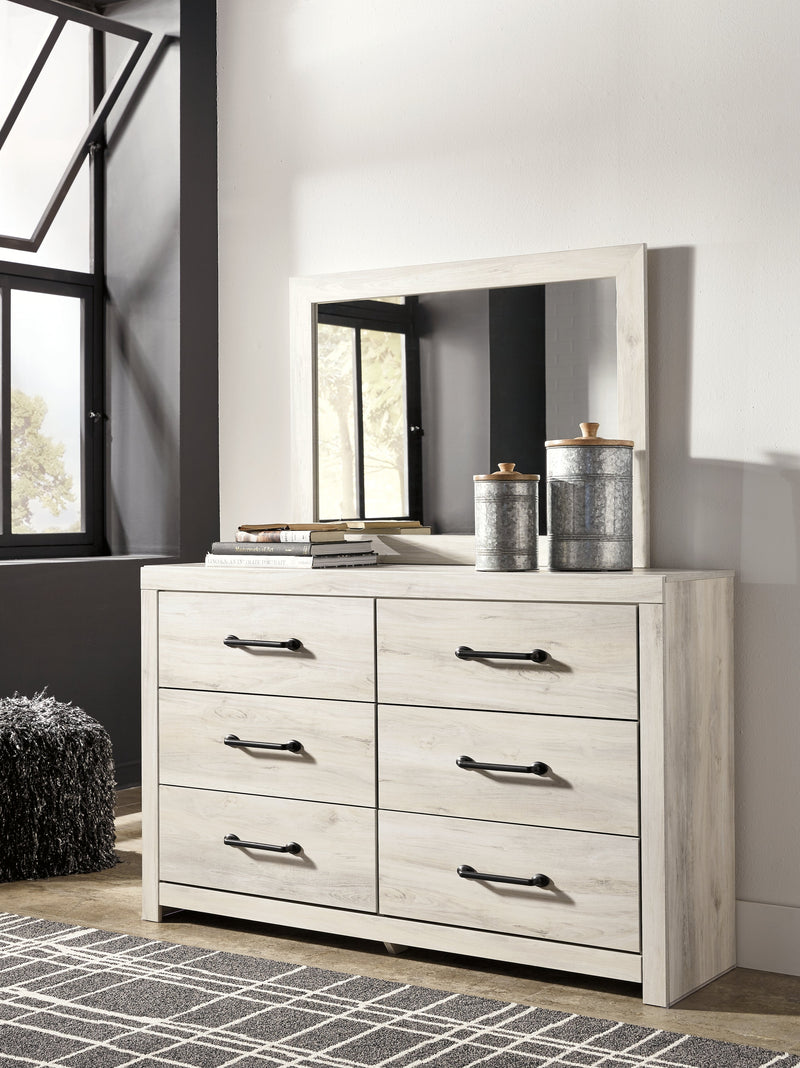 Cambeck Queen Panel Bed with 4 Storage Drawers with Mirrored Dresser in Whitewash - PKG003019