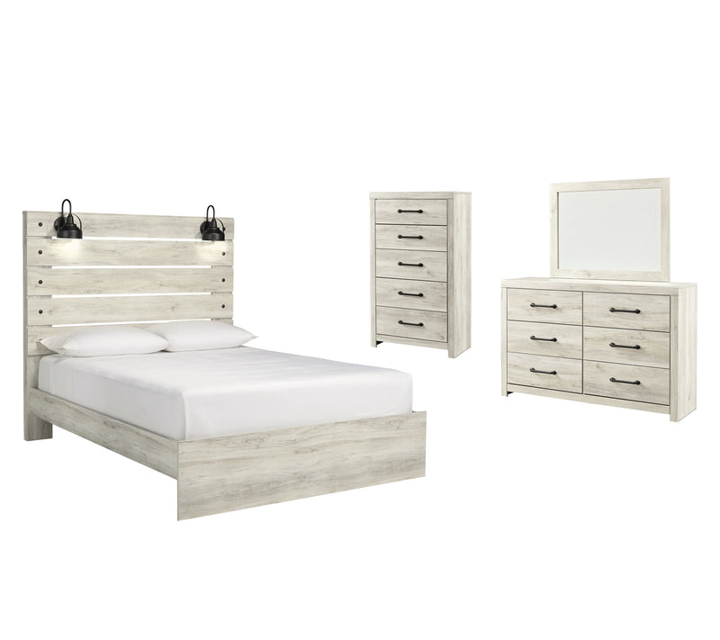 Cambeck Queen Panel Bed with Mirrored Dresser and Chest in Whitewash - PKG003083