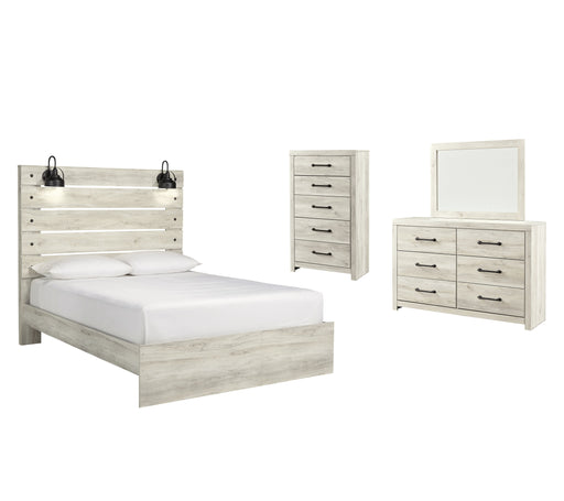 Cambeck Queen Panel Bed with Mirrored Dresser and Chest in Whitewash - PKG003083