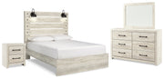 Cambeck Queen Panel Bed with Mirrored Dresser and Nightstand in Whitewash - PKG014117