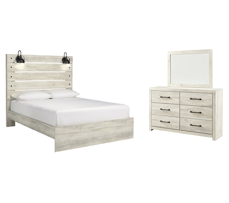 Cambeck Queen Panel Bed with Mirrored Dresser in Whitewash - PKG003081