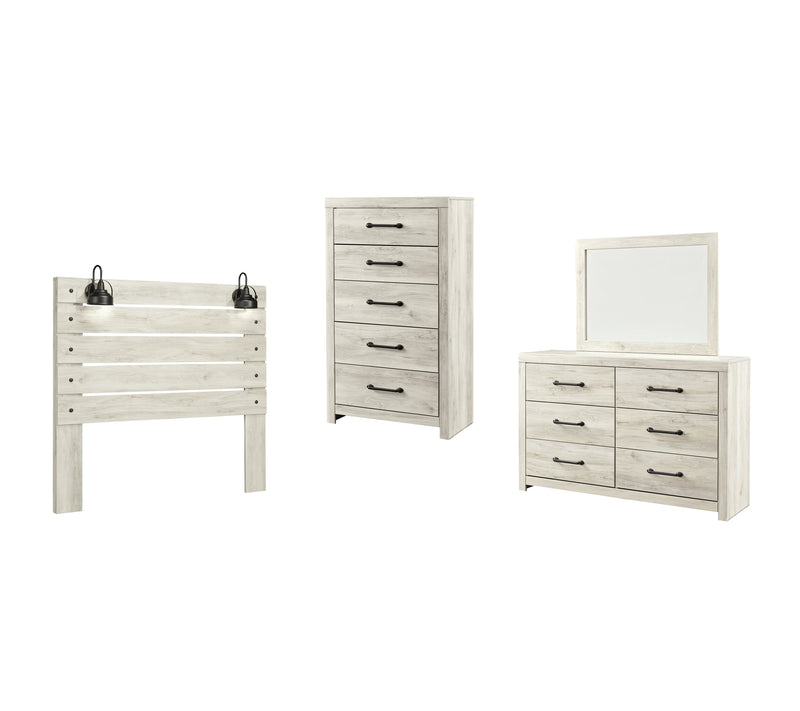 Cambeck Queen Panel Headboard Bed with Mirrored Dresser and Chest in Whitewash - PKG002960