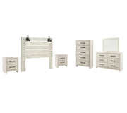 Cambeck Queen Panel Headboard Bed with Mirrored Dresser, Chest and 2 Nightstands in Whitewash - PKG002964
