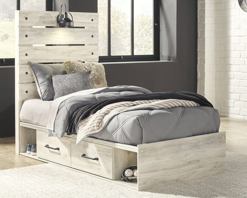 Cambeck Twin Panel Bed with 4 Storage Drawers with Mirrored Dresser and 2 Nightstands in Whitewash - PKG003014