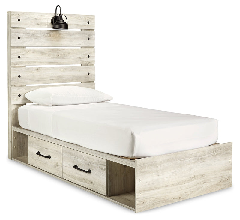 Cambeck Twin Panel Bed with 4 Storage Drawers with Mirrored Dresser and Chest in Whitewash - PKG003015