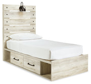 Cambeck Twin Panel Bed with 4 Storage Drawers with Mirrored Dresser in Whitewash - PKG003013