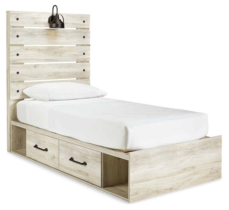 Cambeck Twin Panel Bed with 4 Storage Drawers with Mirrored Dresser in Whitewash - PKG003013
