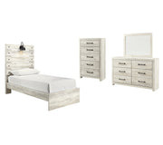 Cambeck Twin Panel Bed with Mirrored Dresser and Chest in Whitewash - PKG003008