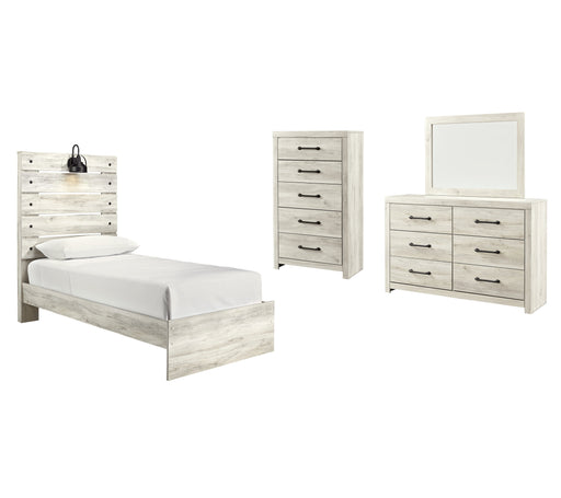 Cambeck Twin Panel Bed with Mirrored Dresser and Chest in Whitewash - PKG003008