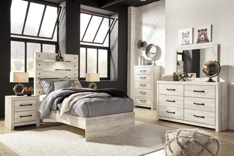Cambeck Twin Panel Bed with Mirrored Dresser, Chest and 2 Nightstands in Whitewash - PKG003011