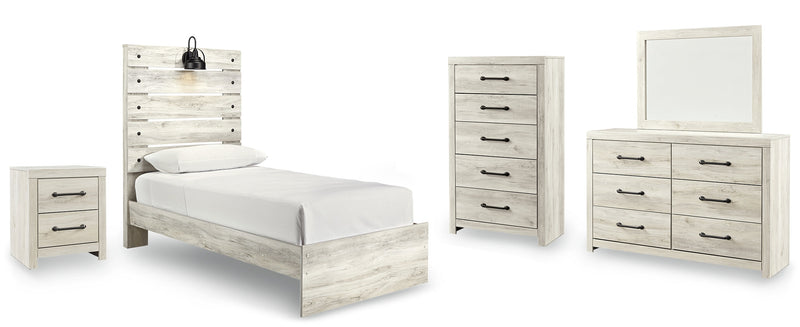 Cambeck Twin Panel Bed with Mirrored Dresser, Chest and Nightstand in Whitewash - PKG003010