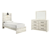 Cambeck Twin Panel Bed with Mirrored Dresser in Whitewash - PKG003002