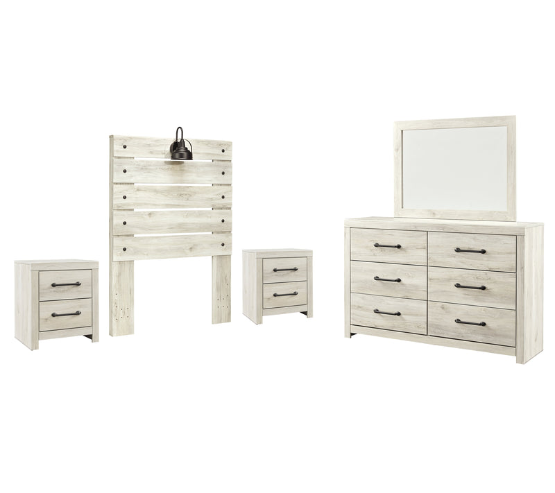 Cambeck Twin Panel Headboard Bed with Mirrored Dresser and 2 Nightstands in Whitewash - PKG002952