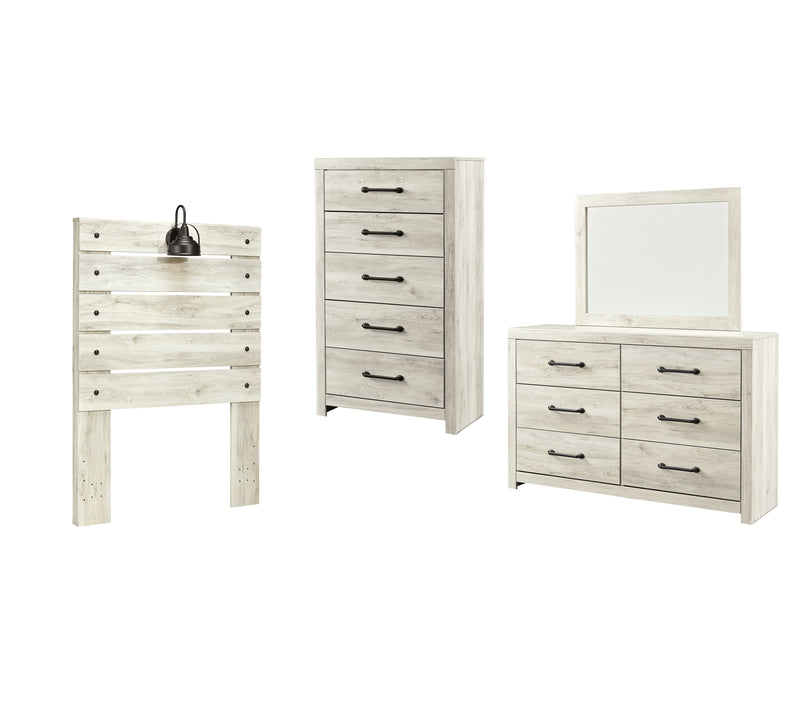 Cambeck Twin Panel Headboard Bed with Mirrored Dresser and Chest in Whitewash - PKG002954