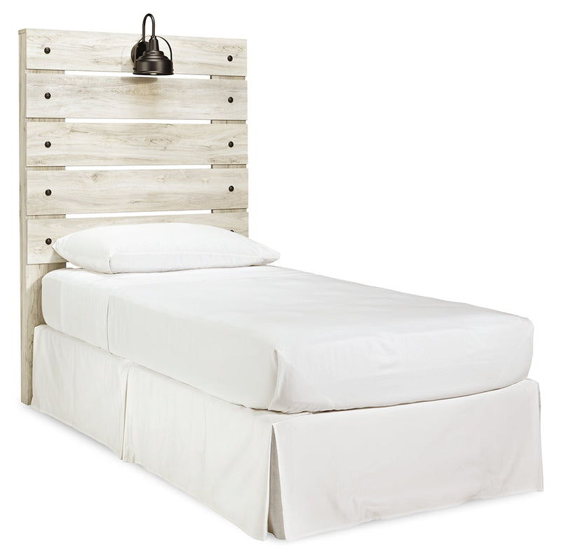 Cambeck Twin Panel Headboard Bed with Mirrored Dresser, Chest and 2 Nightstands in Whitewash - PKG002956