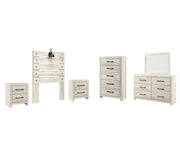 Cambeck Twin Panel Headboard Bed with Mirrored Dresser, Chest and 2 Nightstands in Whitewash - PKG002956